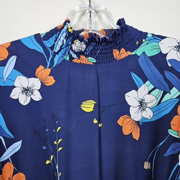 Nanette Lepore Floral High Lo Smocked Maxi Dress Ruffle Long Sleeve Navy Size 6 - Picture 8 of 16